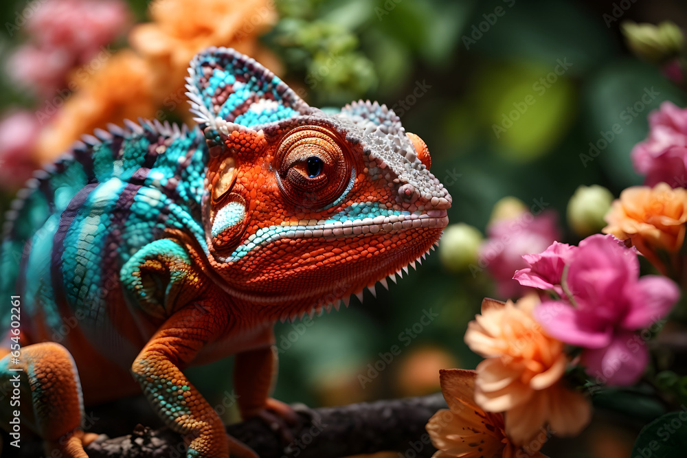 Fototapeta premium extreme close up of Beautiful colorful Chameleon on the flower.