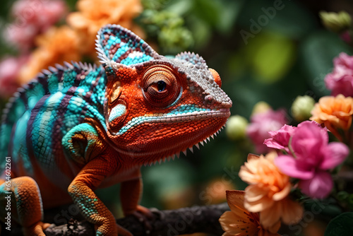 extreme close up of Beautiful colorful Chameleon on the flower. 
