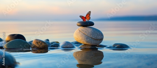 Ideal for meditation a delicate butterfly on three pebbles in front of a calm sea embodies Zen