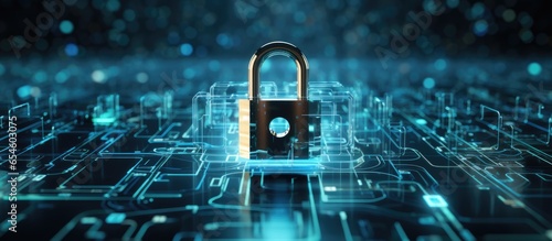The digital concept of data security is depicted through an abstract hi tech background featuring a digitally generated image of a padlock in blue