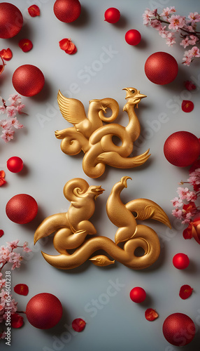 Chinese new year festival decorations. gold dragon. cherry blossom and red egg