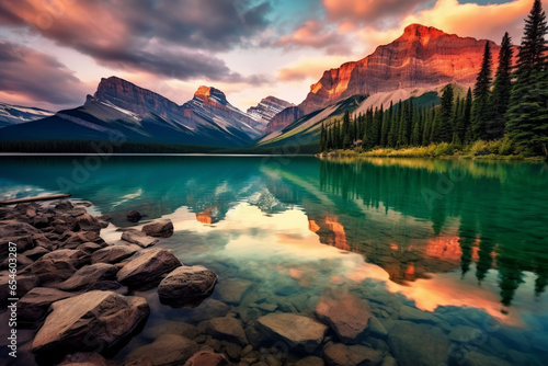 Discover the beauty and amazement of a serene view featuring a lake and majestic mountains. Nature s wonders at their finest Created with generative AI tools.