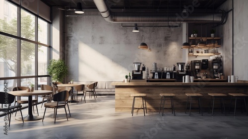 A modern and stylish coffee shop interior with sleek furniture, industrial lighting, and textured concrete walls. AI generated
