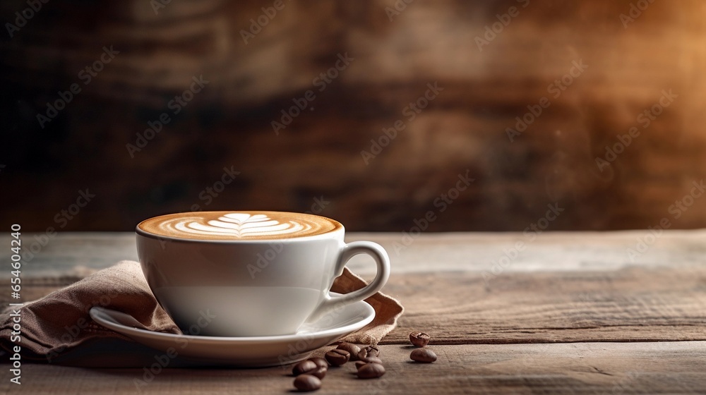 A serene composition of a cappuccino coffee cup resting on a rustic wooden tabletop, with a softly textured background. AI generated A serene composition of a cappuccino coffee cup resting on a rustic wooden tabletop, with a softly textured background. AI generated