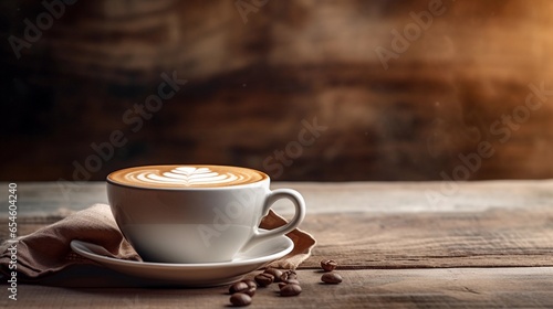 A serene composition of a cappuccino coffee cup resting on a rustic wooden tabletop, with a softly textured background. AI generated