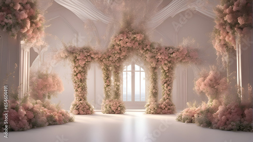 Wedding archway decorated with pink flowers. 3D rendering
