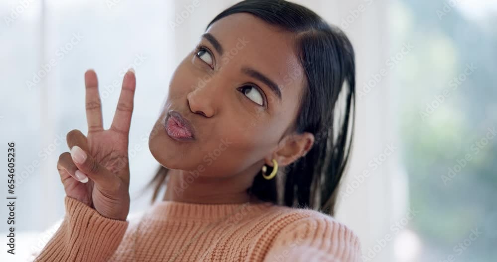 Woman, influencer and selfie with kiss face and peace hand sign in live stream, social media and communication. Young creative, content creation and connection with emoji, blog and photography Woman, influencer and selfie with kiss face and peace hand sign in live stream, social media and communication. Young creative, content creation and connection with emoji, blog and photography