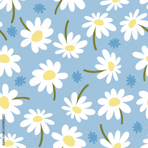 Cute Daisy Chamomile Seamless Pattern — Hand Drawn White Flowers on Blue Background for Nursery Wallpaper, Baby Fabric and Spring Floral Design