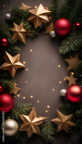 Christmas wreath with red and golden stars and balls on dark background