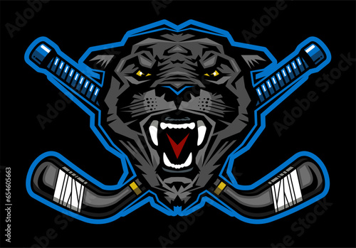 panther mascot head with crossed hockey sticks for school, college or league sports