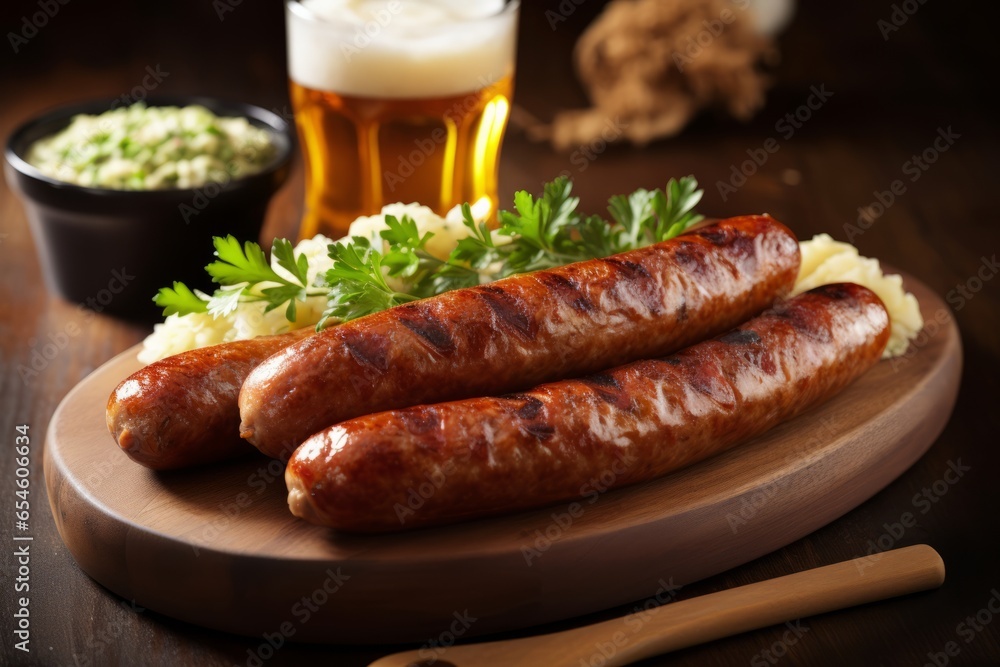 Mouthwatering Delight of Weißwurstfrühstück, an Authentic Bavarian Breakfast Delicacy, Showcasing a Close-Up of the Iconic White Sausage, Served with Pretzel, Mouthwatering Delight of Weißwurstfrühstück, an Authentic Bavarian Breakfast Delicacy, Showcasing a Close-Up of the Iconic White Sausage, Served with Pretzel,