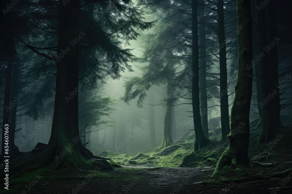 Obraz premium foggy forest with picturesque trees 