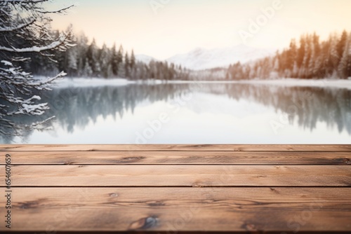 Empty wooden table top with blurred winter lake background for product display montage