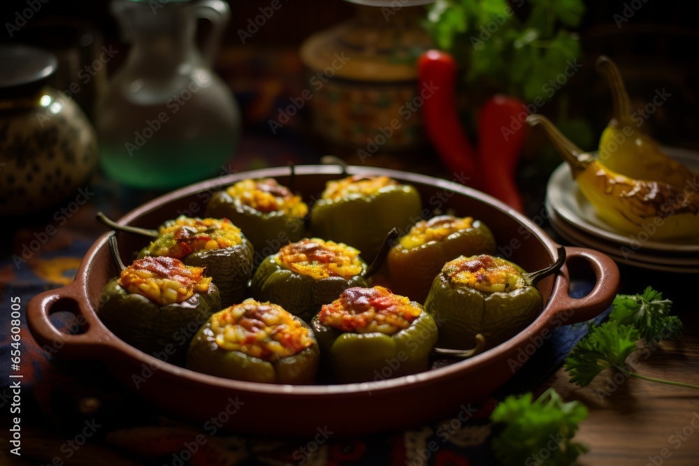 Capturing the vibrant essence of Spanish Pimientos Rellenos, this mouthwatering photography showcases a burst of flavors and exquisite culinary delight in a sizzling, colorful Capturing the vibrant essence of Spanish Pimientos Rellenos, this mouthwatering photography showcases a burst of flavors and exquisite culinary delight in a sizzling, colorful