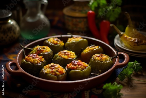 Capturing the vibrant essence of Spanish Pimientos Rellenos, this mouthwatering photography showcases a burst of flavors and exquisite culinary delight in a sizzling, colorful
