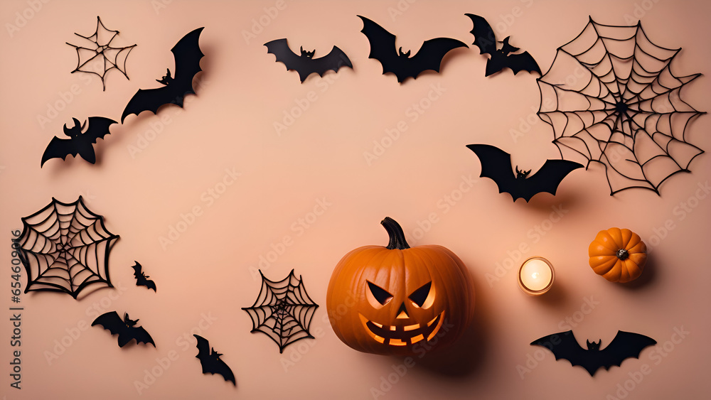 Halloween background with pumpkin. bats. spiders and cobwebs