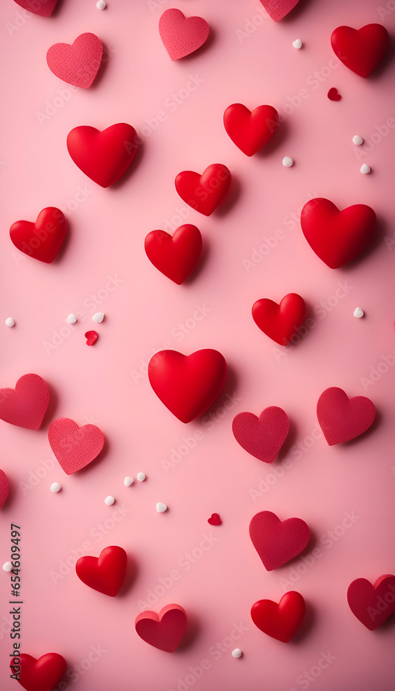 Valentine's day background. Red hearts on pink background.