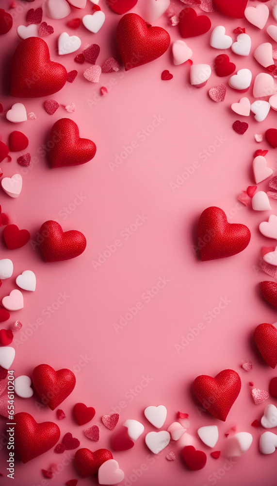 Valentine's Day background with red and white hearts on pink background