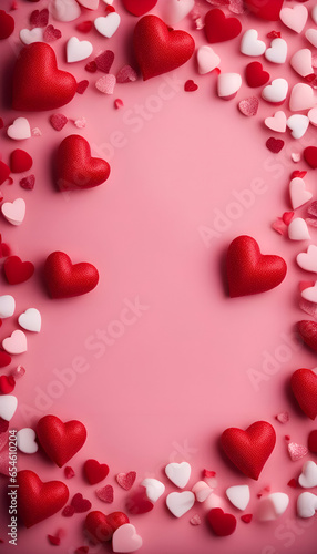 Valentine s Day background with red and white hearts on pink background