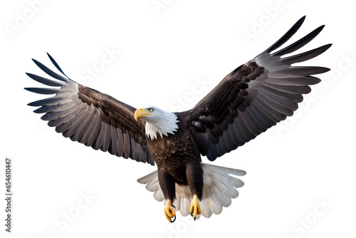 Bald eagle flying on skies on transparent background, Generative AI
