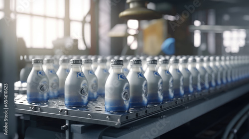 Close-up of milk and yoghurt carefully put into plastic bottles on busy production line, conveyor belt in factory photo