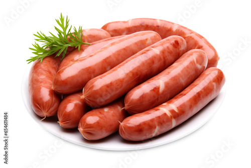 Fresh boiled sausages isolated on transparent background, Generative AI