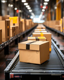 Efficient Fulfillment: Boxes on Conveyor Belt in Delivery Warehouse