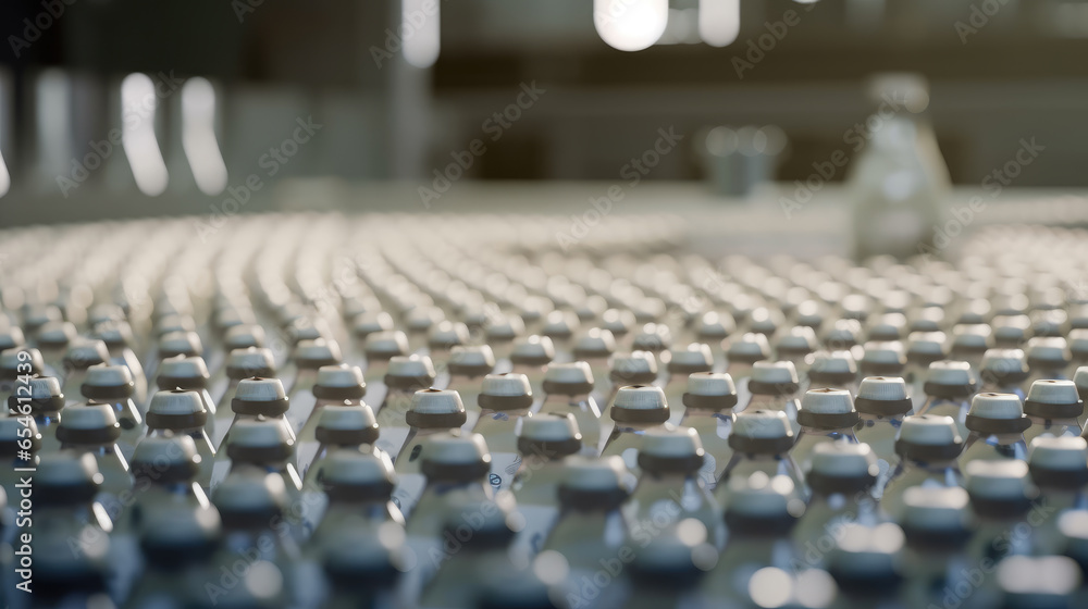 Close-up of milk and yoghurt carefully put into plastic bottles on busy production line, conveyor belt in factory Close-up of milk and yoghurt carefully put into plastic bottles on busy production line, conveyor belt in factory