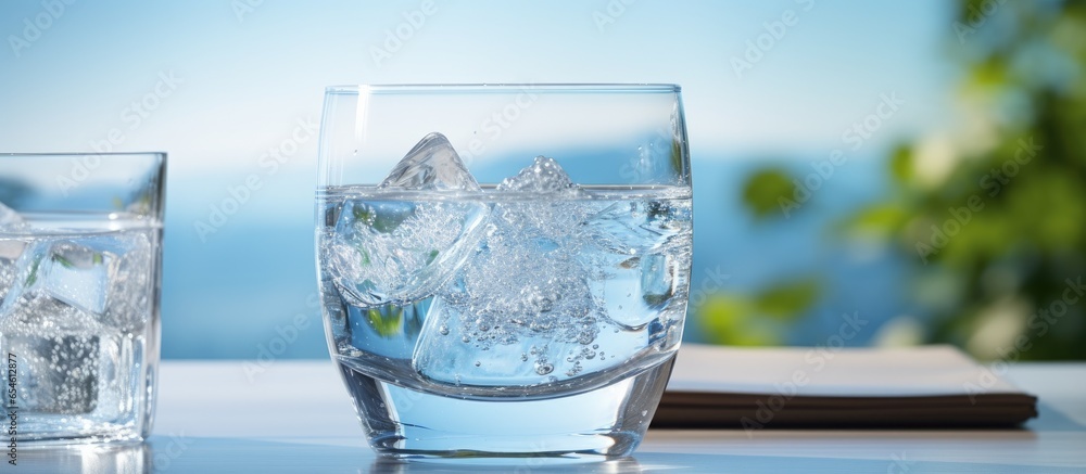 Water being poured into a glass on a light grey outdoor table Water being poured into a glass on a light grey outdoor table