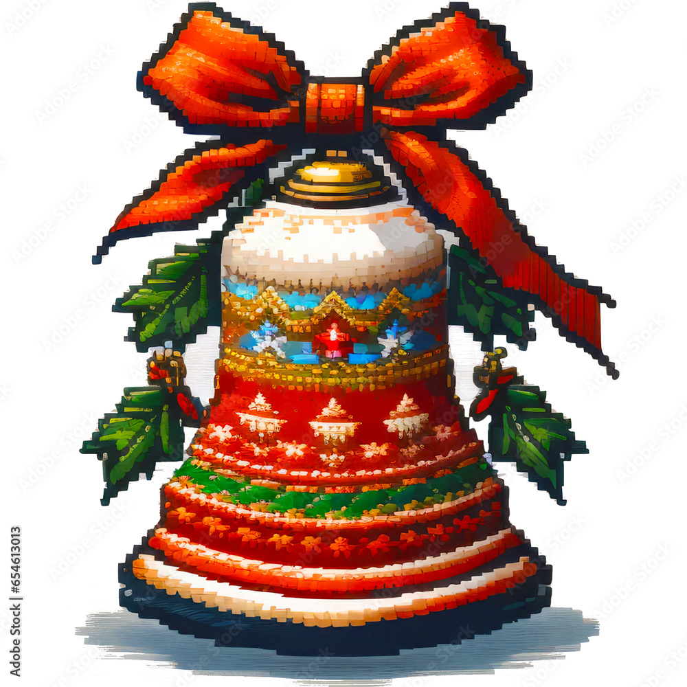 Bell icon, red ribbon element, pixel art style