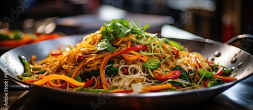 Vegan and vegetarian food a close up of fried vegetable noodle at Thailands market