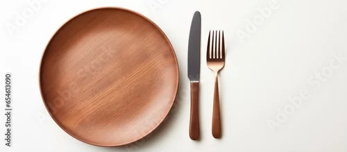 Obraz  z motywem Balanced food with various products seen from above next to cutlery on white background