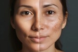 Before and after of Woman with facial treatment concept. Face of lady with melasma and brown spots and open pores , Therapy required, Dermatology