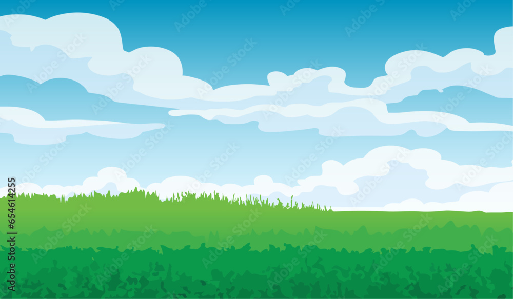 Background of green grass and blue sky with clouds. Vector illustration.