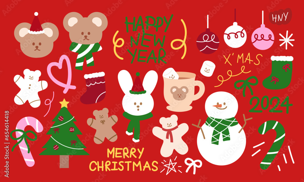Christmas and New Year illustration of teddy bear, bunny, candy cane, snowman, Xmas tree and light, hot chocolate drink with marshmallow for winter sticker, logo, icon, decoration, cartoon character