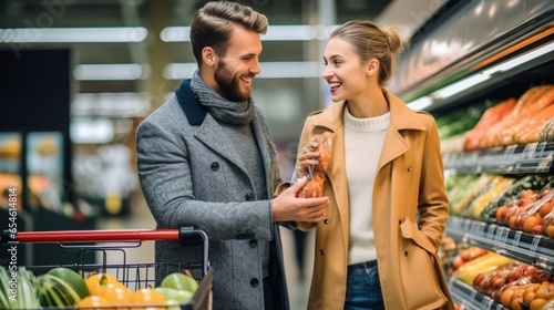 Shopping together is fun Happy young couple bonding to each other and smiling while walking while walking in food store with shopping cart : Generative AI