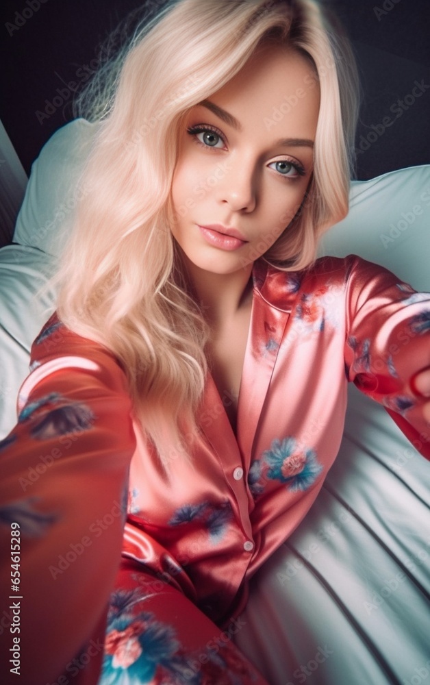 Naklejka premium Taking duck face selfie Self portrait of young beautiful woman smiling with closed eyes while sitting on the couch at home : Generative AI