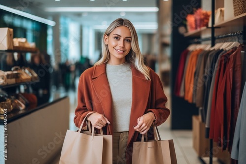 Shopping is her passion Portrait of beautiful young woman with shopping bags looking at camera with smile while standing at the clothing store : Generative AI