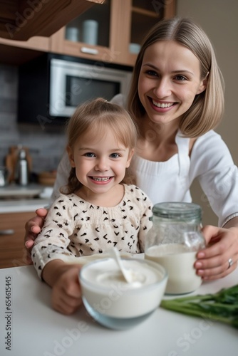 Young beautiful loving mother embracing her daughter and smiling while preparing something at the kitchen : Generative AI