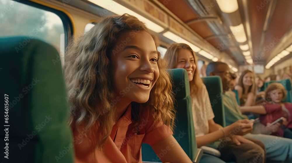 A group of young people travel on a train filled with laughter and friendship A group of young people travel on a train filled with laughter and friendship