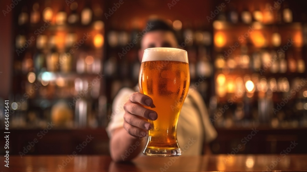 Quench your thirst Closeup of man stretching out glass with beer while standing at the bar counter : Generative AI