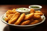 Delicious Crispy Chicken Strips. Traditional American cuisine. Popular authentic dishes. Background with selective focus