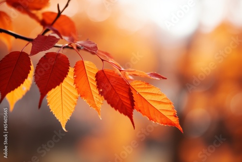 Autumn leaves on a branch. Background with selective focus and copy space