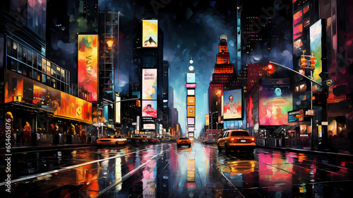A depiction of Times Square at night with sparkling neon