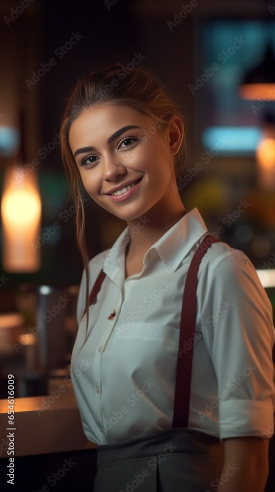 She knows everything about restaurant business Beautiful young woman in formalwear keeping arms crossed and smiling while standing in restaurant : Generative AI