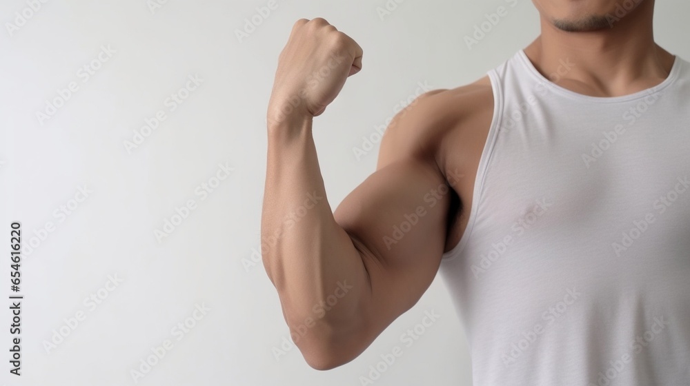 Perfect bicep Closeup of muscular man showing his perfect bicep while standing against grey background : Generative AI Perfect bicep Closeup of muscular man showing his perfect bicep while standing against grey background : Generative AI