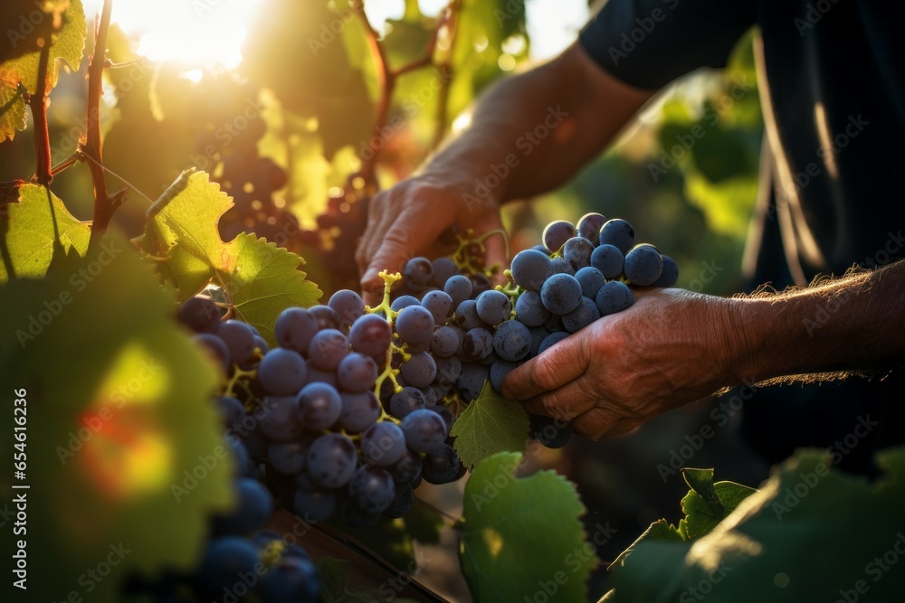The hands of a winemaker or farmer picking delicious grapes during the harvest season. Background - obrazy, fototapety, plakaty 