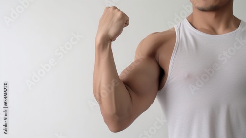 Perfect bicep Closeup of muscular man showing his perfect bicep while standing against grey background   Generative AI