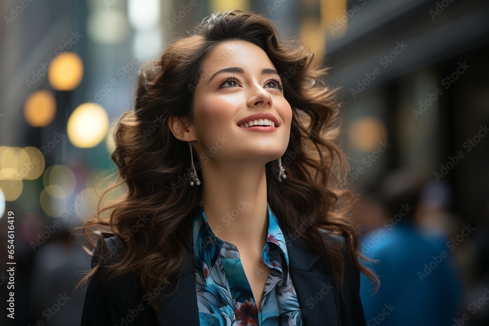 Obraz premium Beautiful Asian businesswoman standing on city street and dreaming of future business success