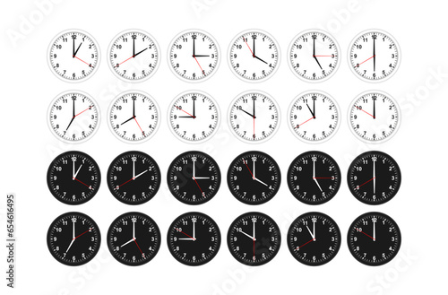 set of wall clock for interior, template mockup with black and white color. vector illustration isolated on white background.